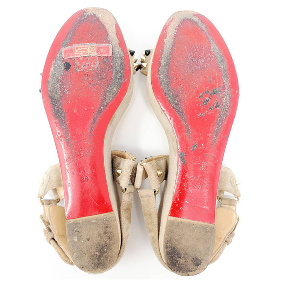 Christian Louboutin Platform Sandals Flat Wedge Gold Brown Spike Stud Tan EU 38 - Picture 9 of 9